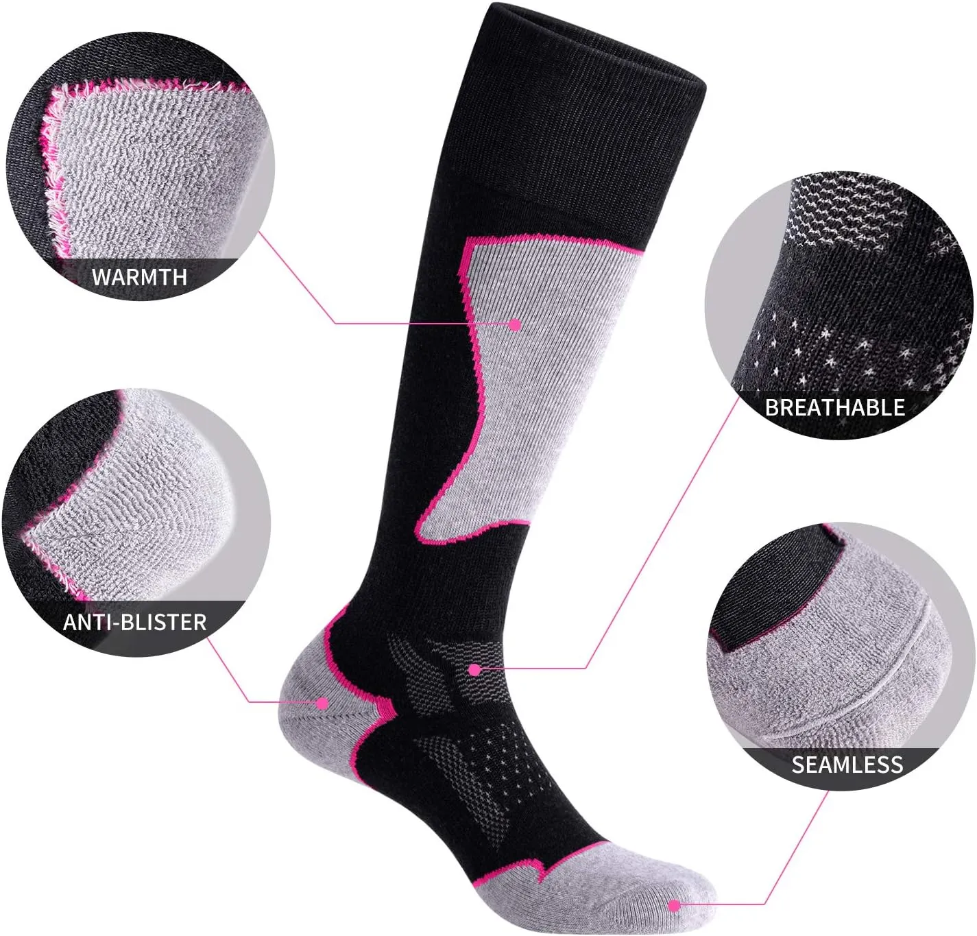 2/3 Pack Women's Ski Socks for Skiing Snowboarding Warm Winter Thermal Socks