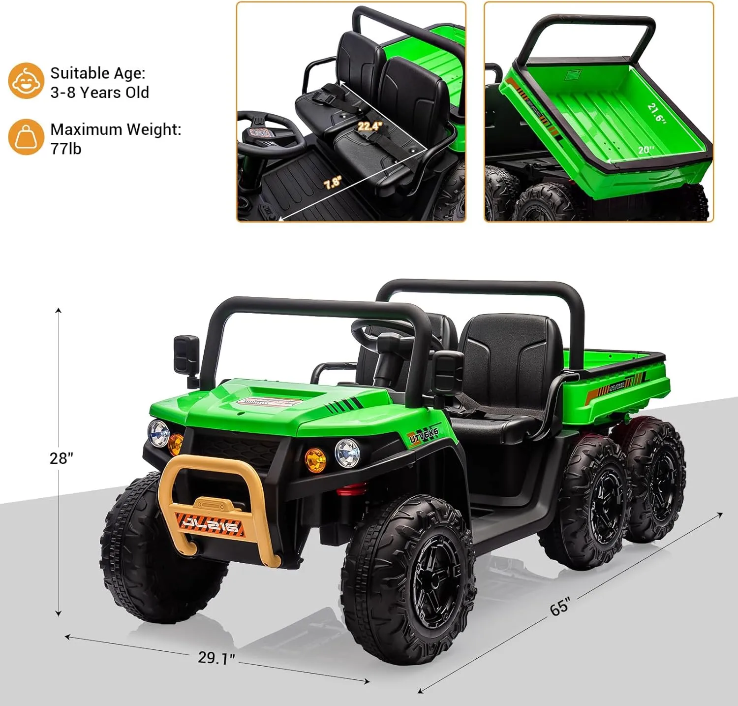 24v Ride On Dump Truck Utv for Kids to Drive, 2 Seater Kids Utv Ride On Truck w/Parent Remote Control, Electric Utv Vehicles with Electric Dump Bed, 4WD Power Ride-On 6 Wheels Ride On Toys for Boys