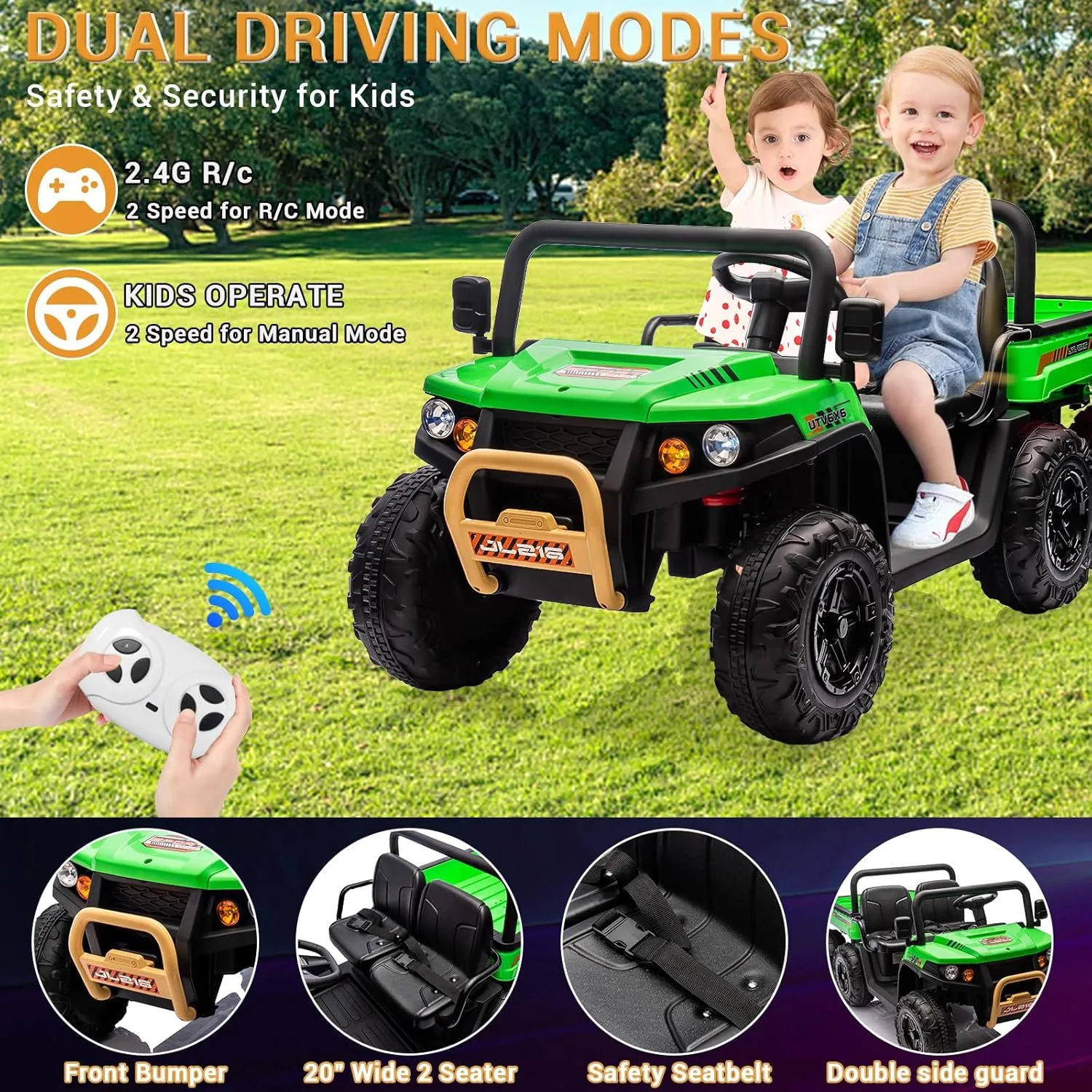 24v Ride On Dump Truck Utv for Kids to Drive, 2 Seater Kids Utv Ride On Truck w/Parent Remote Control, Electric Utv Vehicles with Electric Dump Bed, 4WD Power Ride-On 6 Wheels Ride On Toys for Boys