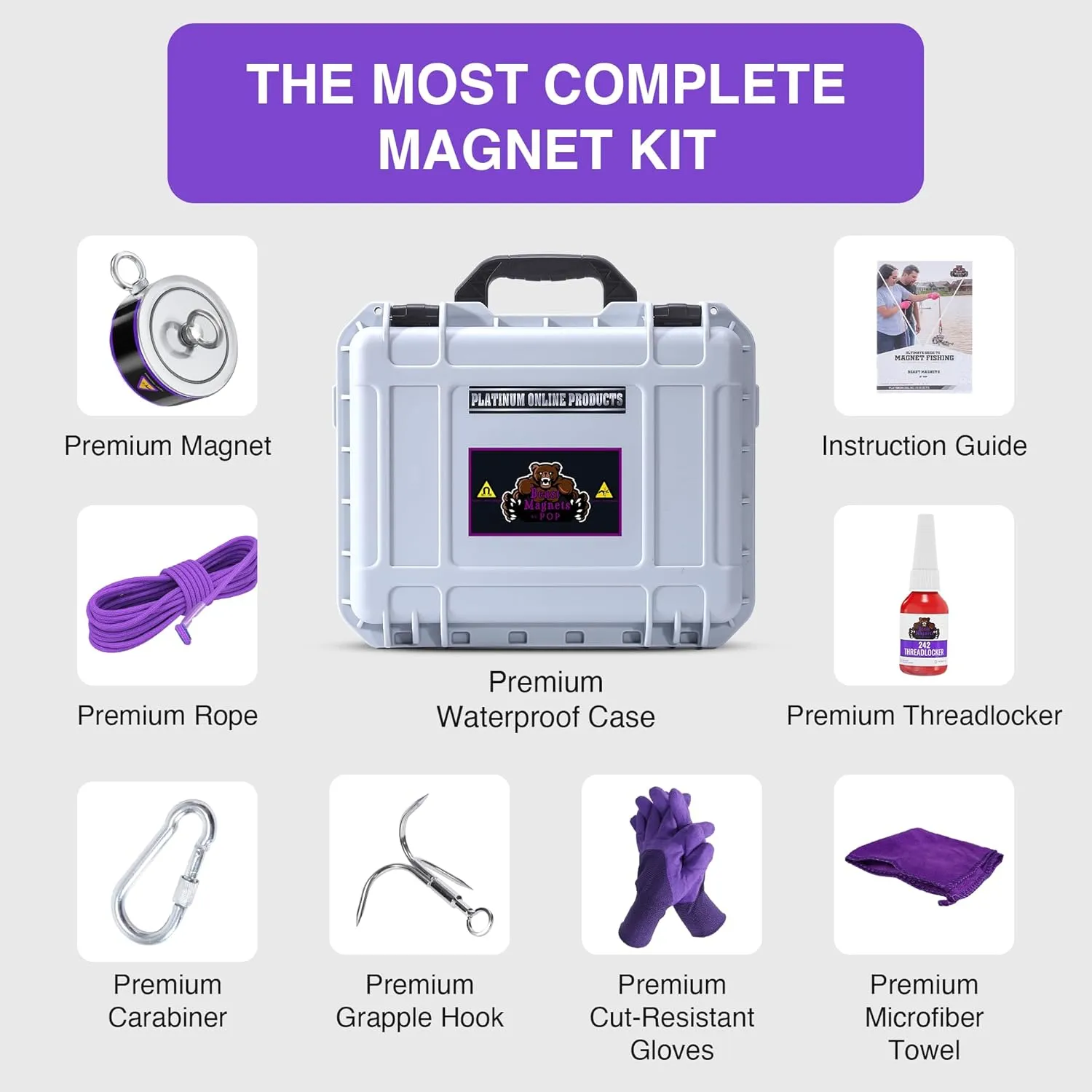 2600LB’s Complete Magnet Fishing Kit | Double Sided Fishing Magnet Kit with Case | Includes Strong Neodymium N52 Magnets, Durable 65ft Rope, Carabiner, Gloves, Grappling Hook & Carry Case