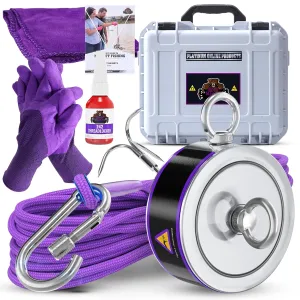 2600LB’s Complete Magnet Fishing Kit | Double Sided Fishing Magnet Kit with Case | Includes Strong Neodymium N52 Magnets, Durable 65ft Rope, Carabiner, Gloves, Grappling Hook & Carry Case