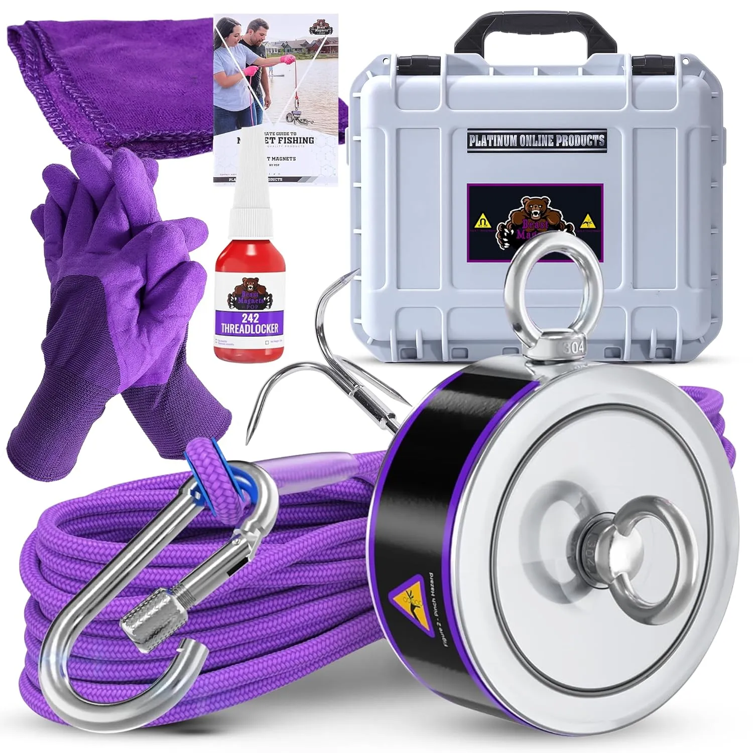 2600LB’s Complete Magnet Fishing Kit | Double Sided Fishing Magnet Kit with Case | Includes Strong Neodymium N52 Magnets, Durable 65ft Rope, Carabiner, Gloves, Grappling Hook & Carry Case