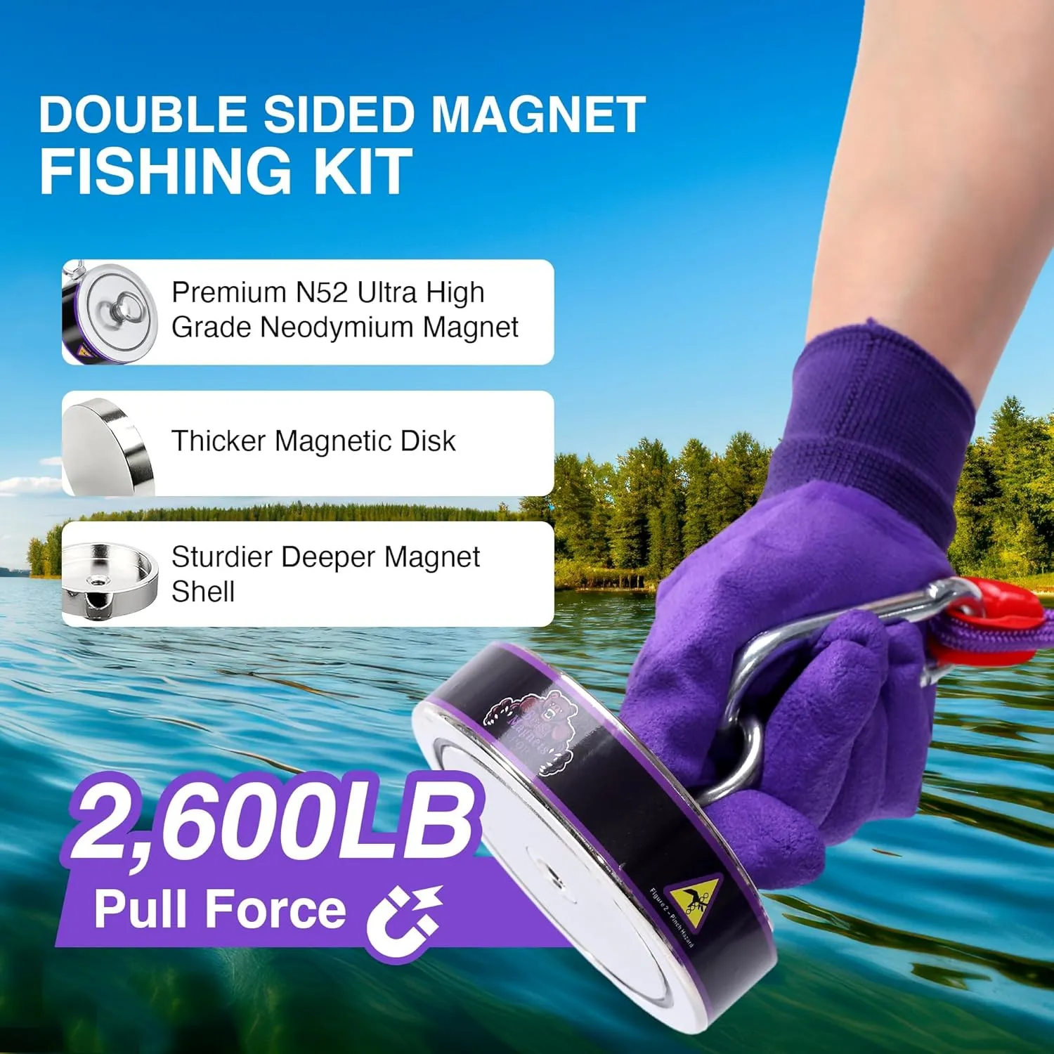2600LB’s Complete Magnet Fishing Kit | Double Sided Fishing Magnet Kit with Case | Includes Strong Neodymium N52 Magnets, Durable 65ft Rope, Carabiner, Gloves, Grappling Hook & Carry Case