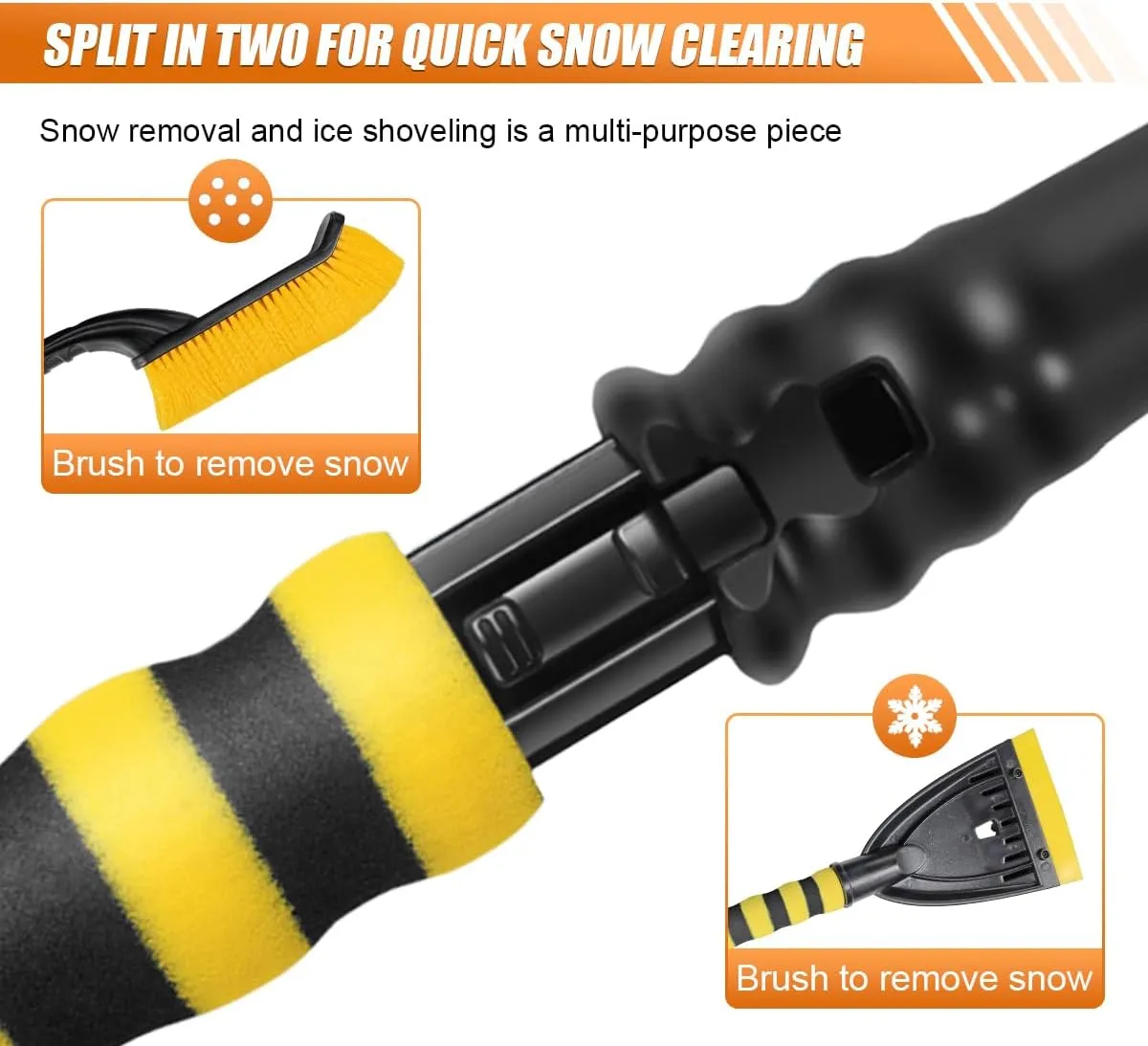 26" Snow Brush and Ice Scraper for Car Windshield, Detachable Snow and Ice Removal Tool with Ergonomic Comfortable Foam Grip, Winter Car Accessories for Cars, Trucks, SUVs Window (Yellow)