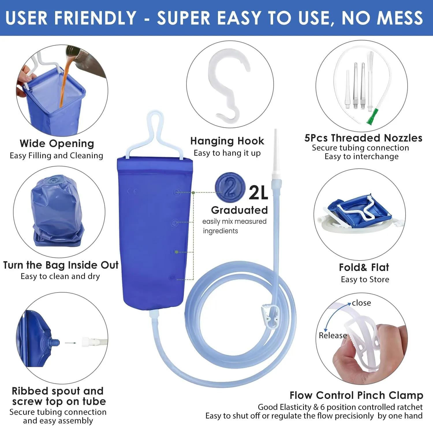 2L Enema Kit Colon Cleansing Irrigation Bag Set Silicone Enema Tubing Hose Tube Replacement, Coffee Enema Bucket Kit Home Shower Intestinal Irrigator for Men Women Detox Constipation 5Pcs Enema Nozzle