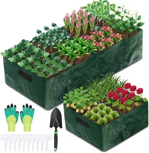 2Pcs Fabric Raised Garden Bed 8Girds Breathable Planting Containers and 4Girds Planters PE Planting Bed with Drainage Holes 128 Gallon Rectangle Garden Grow Bags for Outdoor Vegetables Fruits Flower