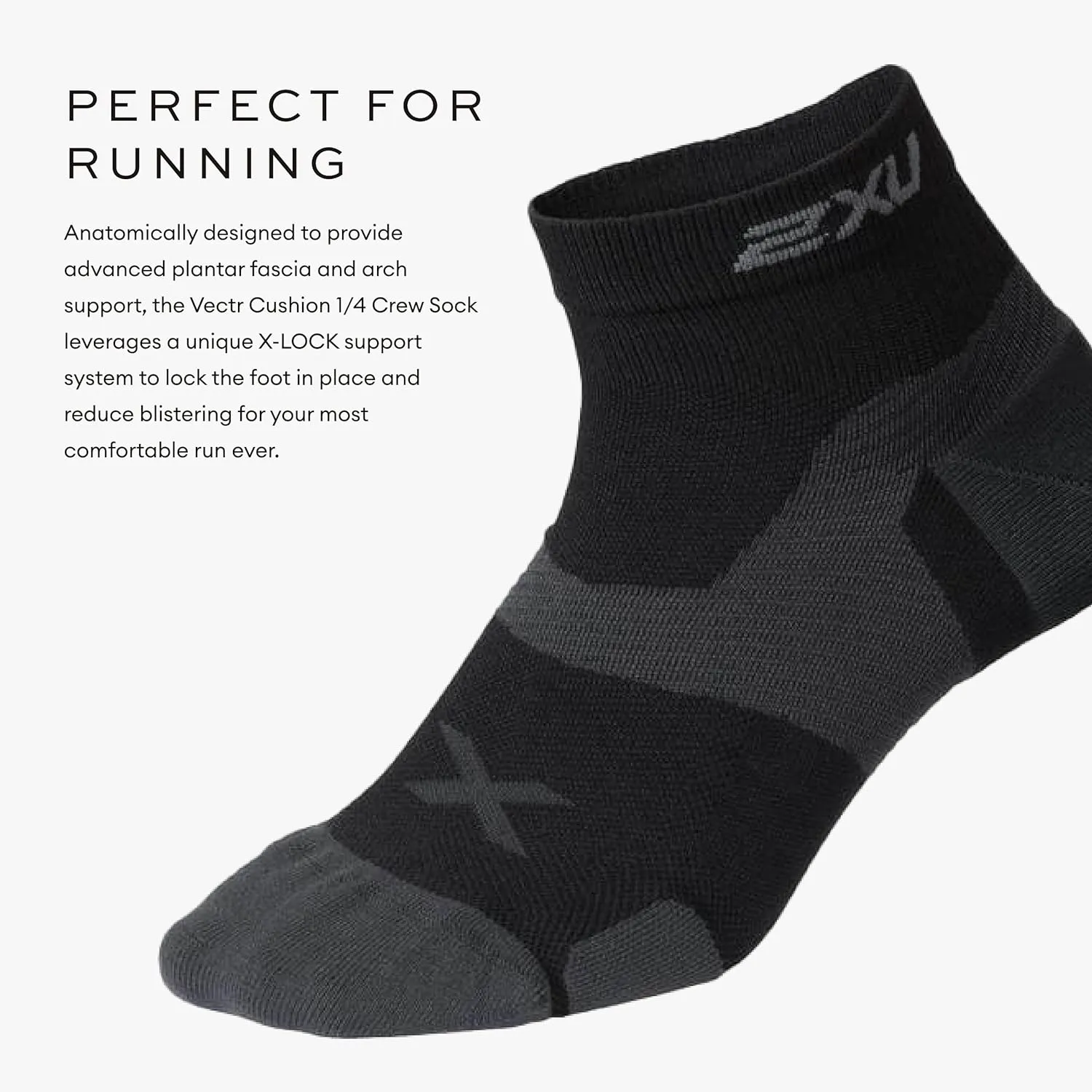 2XU Unisex Vectr Cushion 1/4 Crew Socks - Sports Performance Socks - Black/Titanium