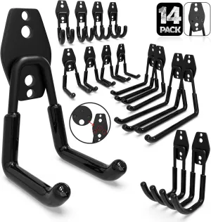 3-H Garage Wall Hooks 14 Pack,Garage Hooks Heavy Duty with Extra Welding Spots,Wall Mount Storage Organizer for Hanging Garden Lawn Tools,Ladder,Bike,WeedEater,Chair,Shovel,Blower(Black)