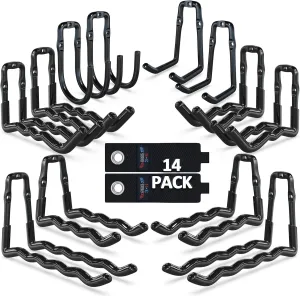 3-H Garage Wall Hooks 14 Pack,Integrated Stamping Heavy Duty Garage Hooks,Garage Hanger&Organizer Wall Mount for Ladders,Bikes,Chairs,WeedEaters,Shovels,Garden Tools(Black)