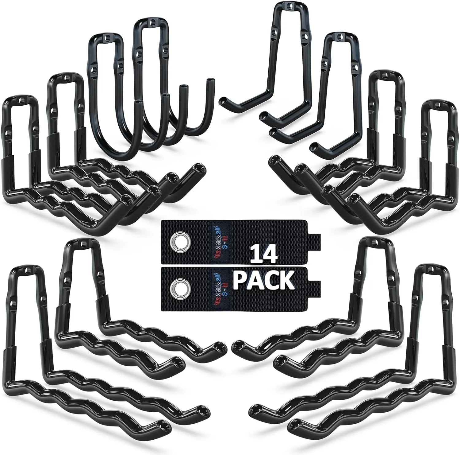 3-H Garage Wall Hooks 14 Pack,Integrated Stamping Heavy Duty Garage Hooks,Garage Hanger&Organizer Wall Mount for Ladders,Bikes,Chairs,WeedEaters,Shovels,Garden Tools(Black)