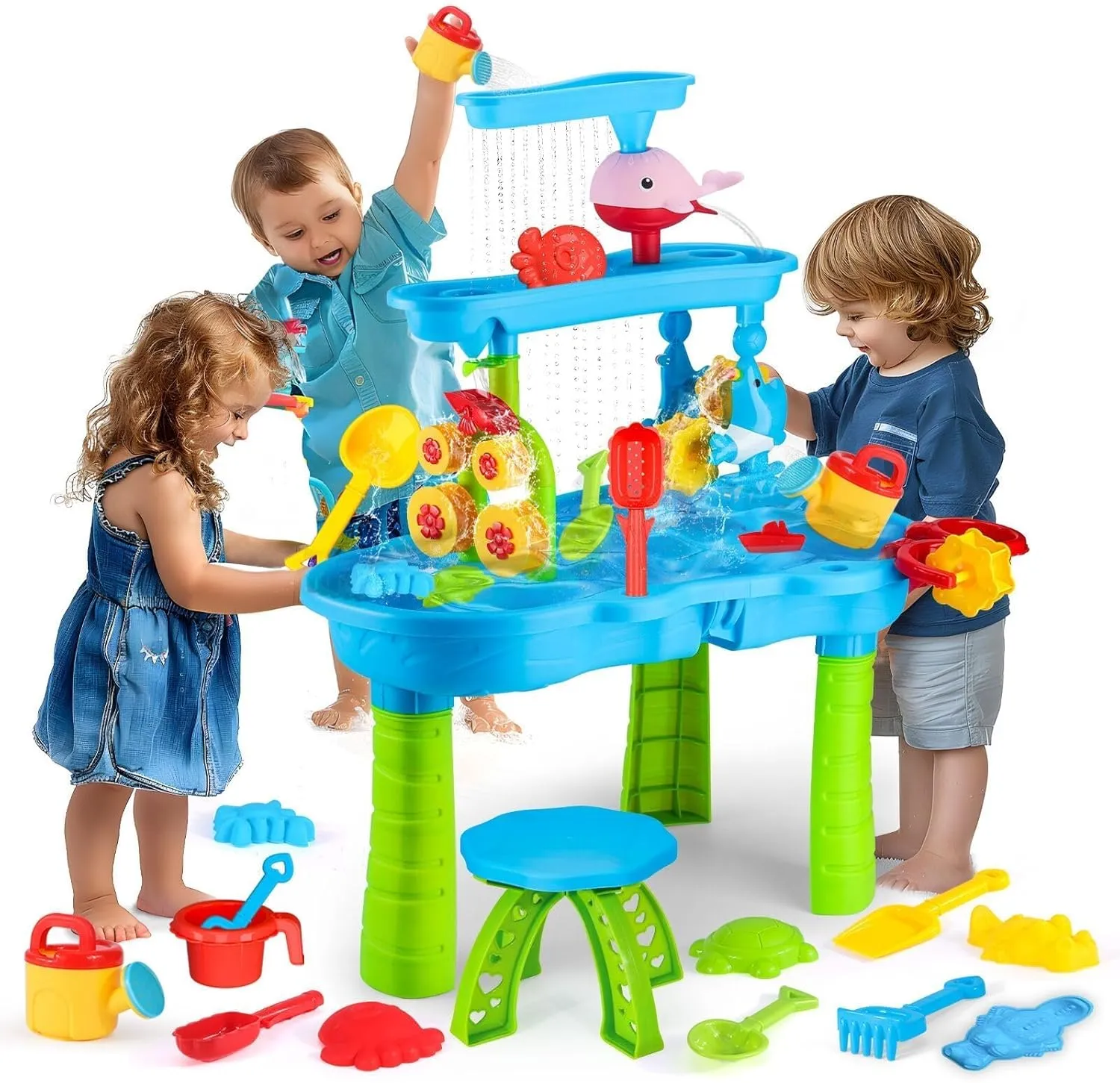 3-Tier Water Table and Sand Play Table for Toddlers 3-5, Outdoor Splash Pond with Rain Showers, Summer Beach Backyard Activity Play Table for Kids, Boys & Girls