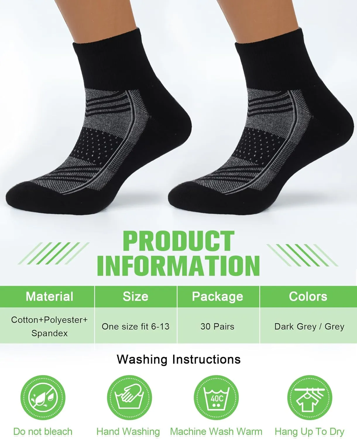 30 Pack Men's Ankle Socks with Cushion Athletic Sport Running Moisture Wicking Socks Bulk for Men and Women