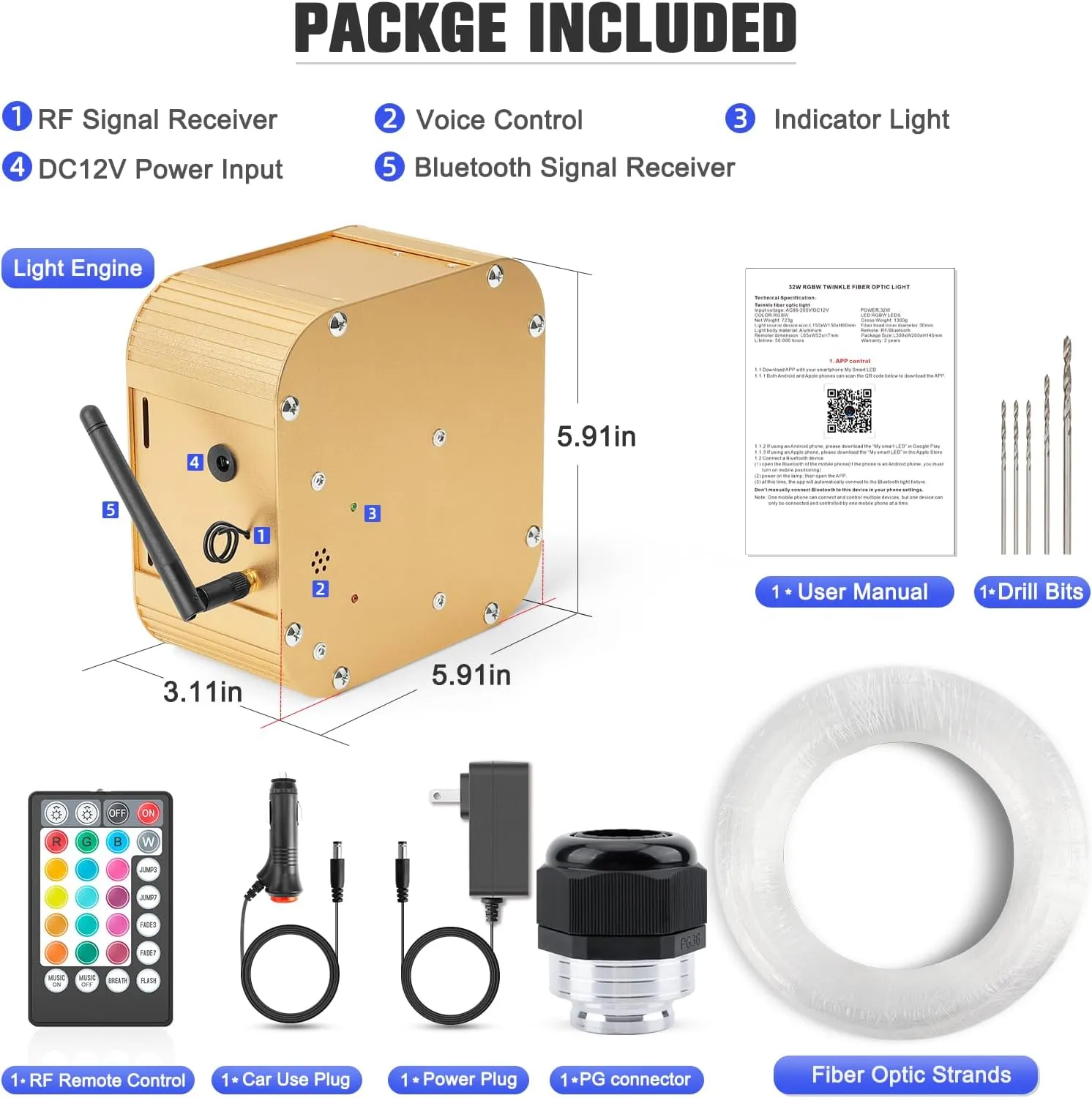 32W Twinkle Starlight Headliner Kit, 1000pcs*0.03in*13.1ft LED Fiber Optic Lights Kit, Star Ceiling Light 10 Crystals Adapter Car Use Plug for Car Roof/Home with APP/Remote/Music Mode