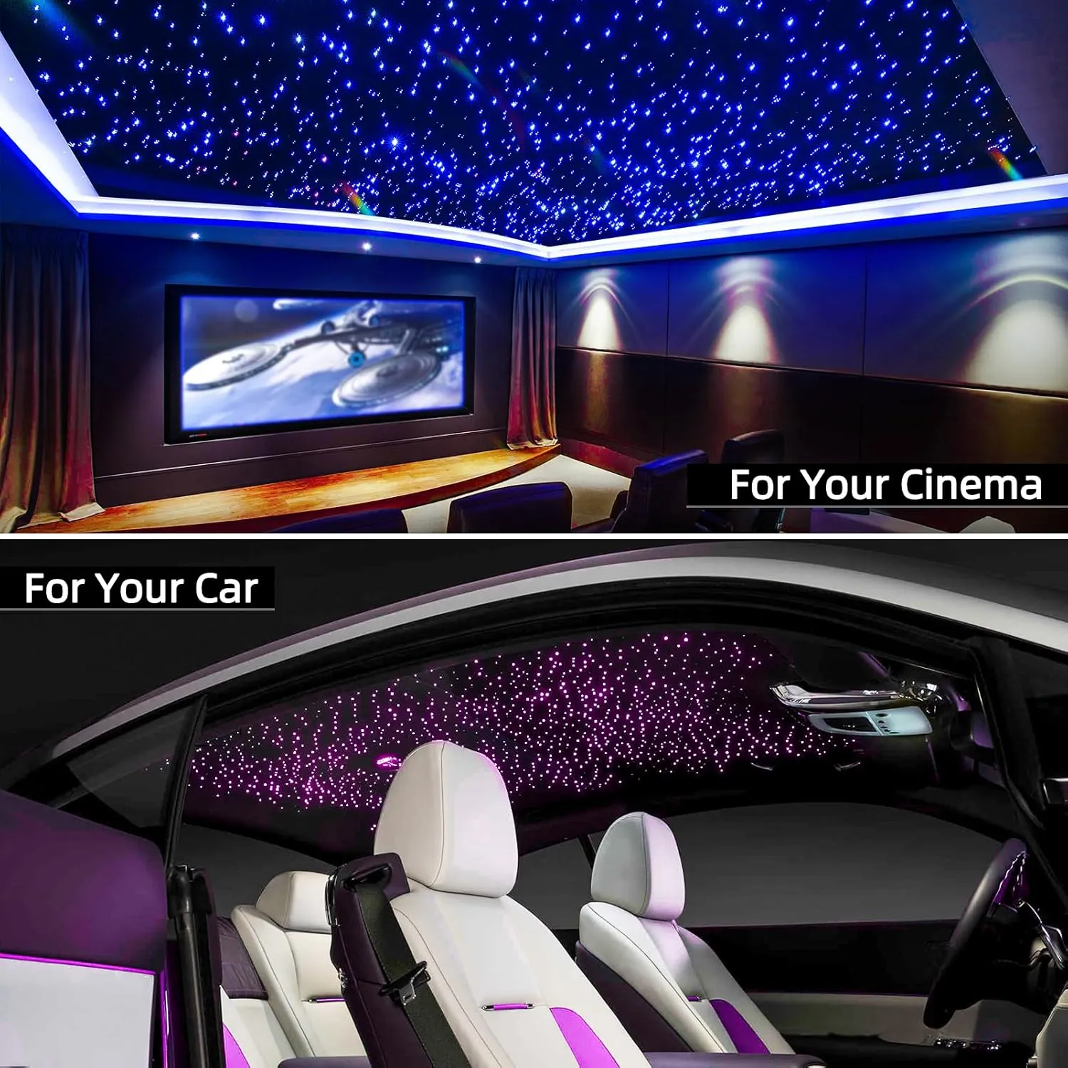 32W Twinkle Starlight Headliner Kit, 1000pcs*0.03in*13.1ft LED Fiber Optic Lights Kit, Star Ceiling Light 10 Crystals Adapter Car Use Plug for Car Roof/Home with APP/Remote/Music Mode