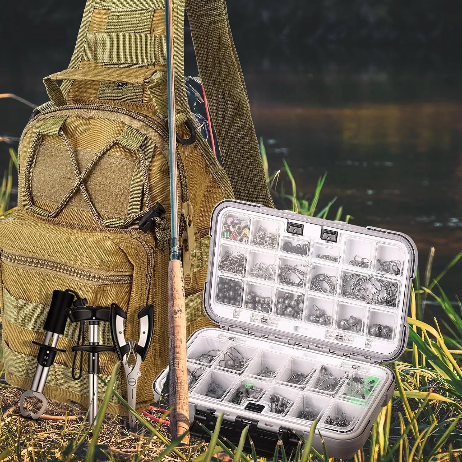 397 Pcs Fishing Accessories Kit Tools Include Backpack Fishing Tackle Box with Hooks Weights Sinkers Spinner Blade Gear