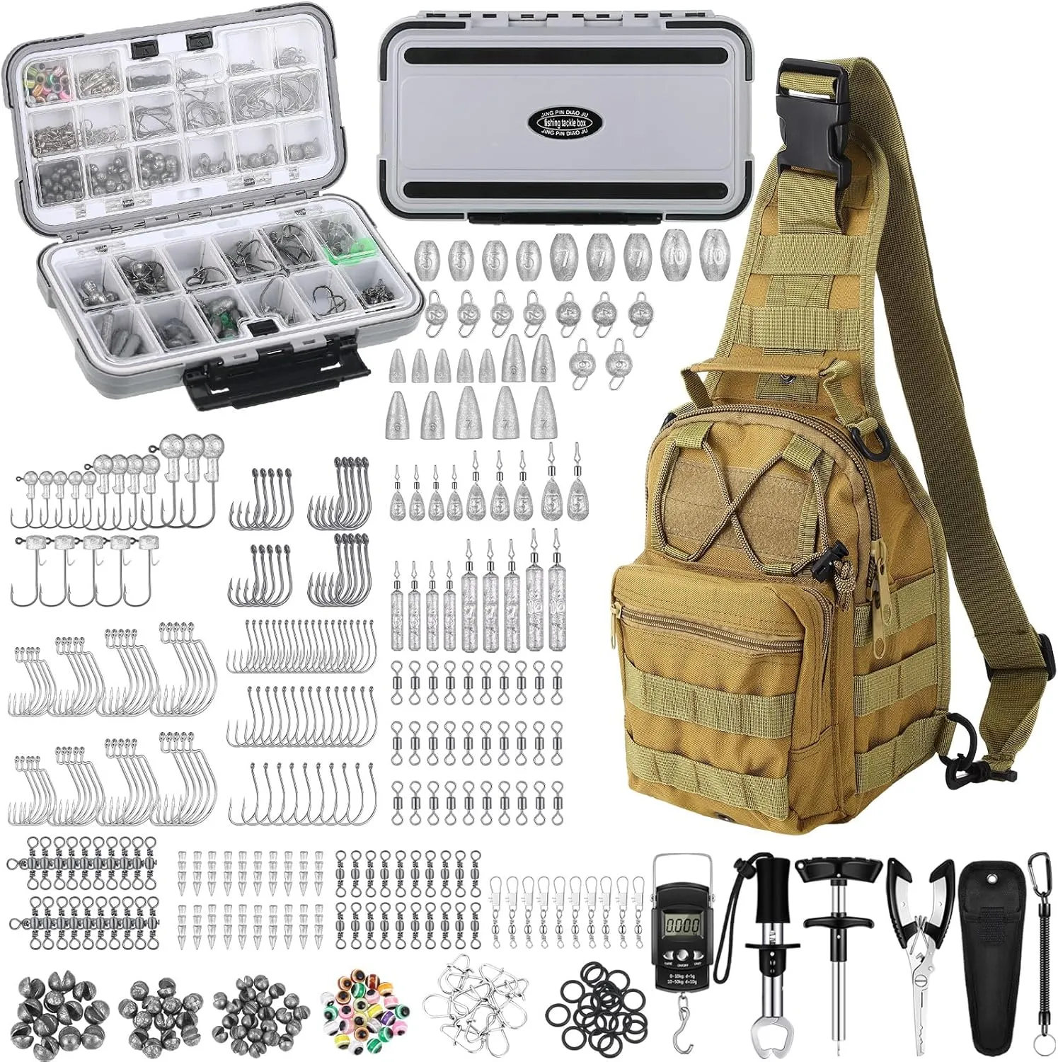 397 Pcs Fishing Accessories Kit Tools Include Backpack Fishing Tackle Box with Hooks Weights Sinkers Spinner Blade Gear
