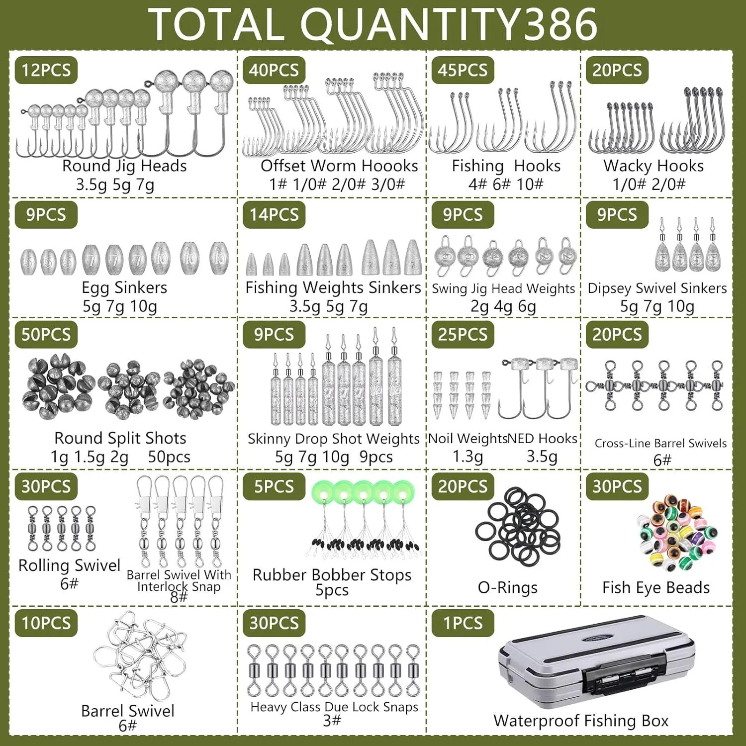 397 Pcs Fishing Accessories Kit Tools Include Backpack Fishing Tackle Box with Hooks Weights Sinkers Spinner Blade Gear