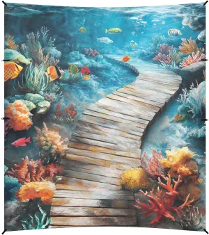 3D Creative Floor Painting Ocean Underwater Foldable Beach Cabana UPF50  Lightweight Outdoor Sun Shade with Sandbags & Sand Shovel for Camping, Fishing, Backyard Fun