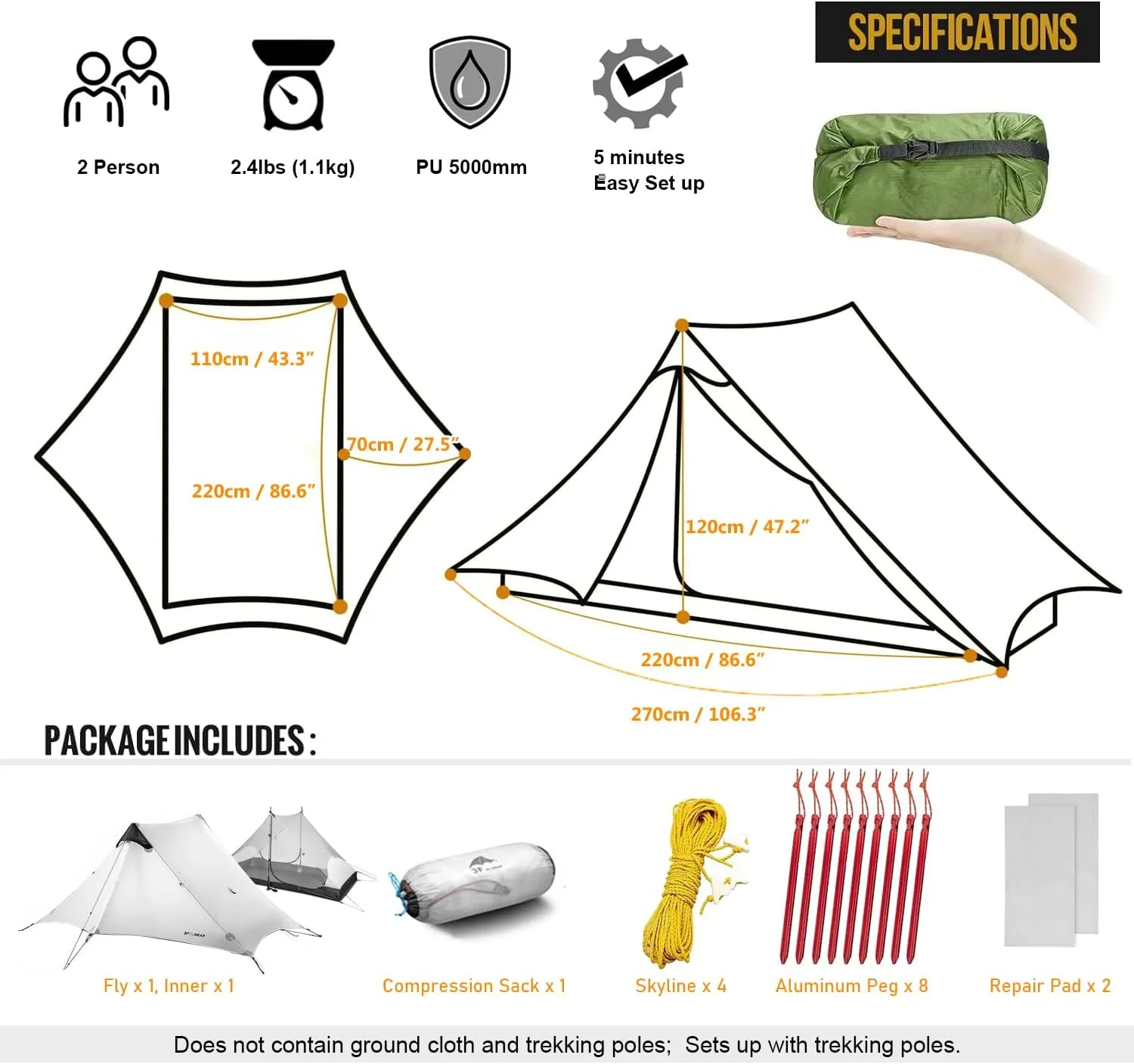 3F UL Gear Lanshan Ultralight 1-Person or 2-Person Backpacking Tent, 3-Season or 4-Season, Outdoor Lightweight Waterproof Professional Tent, Trekking, Kayaking, Climbing, Hiking