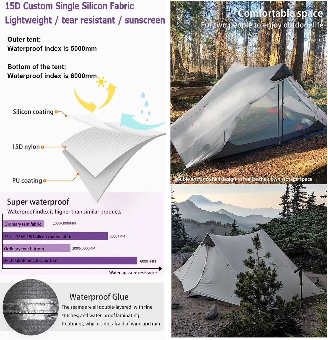 3F UL Gear Lanshan Ultralight 1-Person or 2-Person Backpacking Tent, 3-Season or 4-Season, Outdoor Lightweight Waterproof Professional Tent, Trekking, Kayaking, Climbing, Hiking