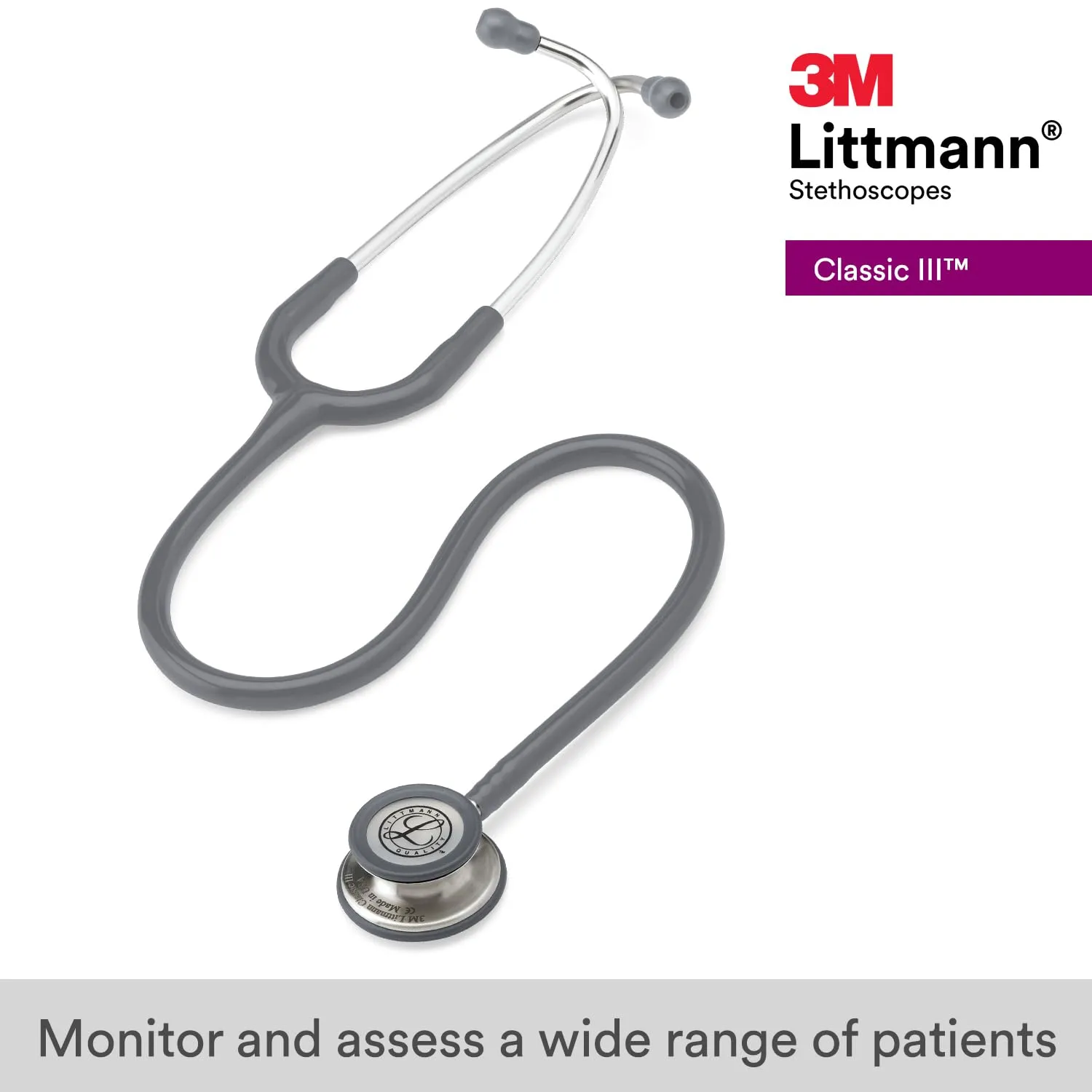 3M Littmann Classic III Monitoring Stethoscope, 5621, More Than 2X as Loud, Weighs Less, Stainless Steel Chestpiece, 27' Grey Tube