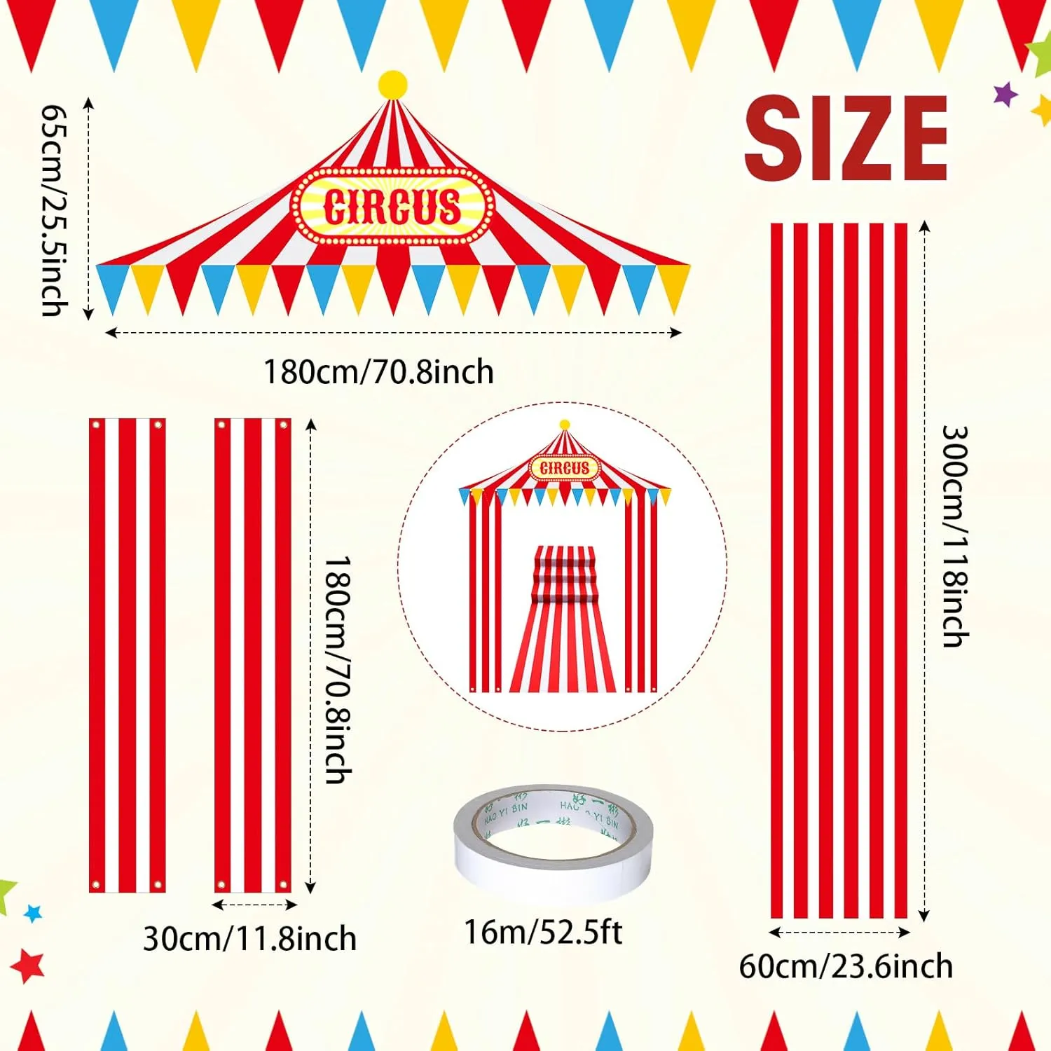 4 Pcs Carnival Circus Tent Decorations Carnival Entryway Door Party Decor Red and White Striped Awning Hanging Banner Aisle Runners Supply for Circus Theme Birthday Celebration