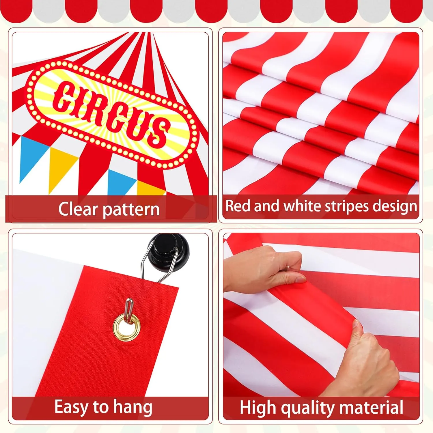 4 Pcs Carnival Circus Tent Decorations Carnival Entryway Door Party Decor Red and White Striped Awning Hanging Banner Aisle Runners Supply for Circus Theme Birthday Celebration