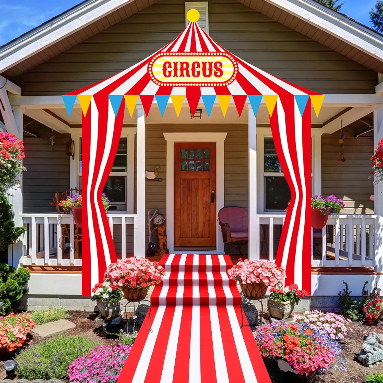 4 Pcs Carnival Circus Tent Decorations Carnival Entryway Door Party Decor Red and White Striped Awning Hanging Banner Aisle Runners Supply for Circus Theme Birthday Celebration