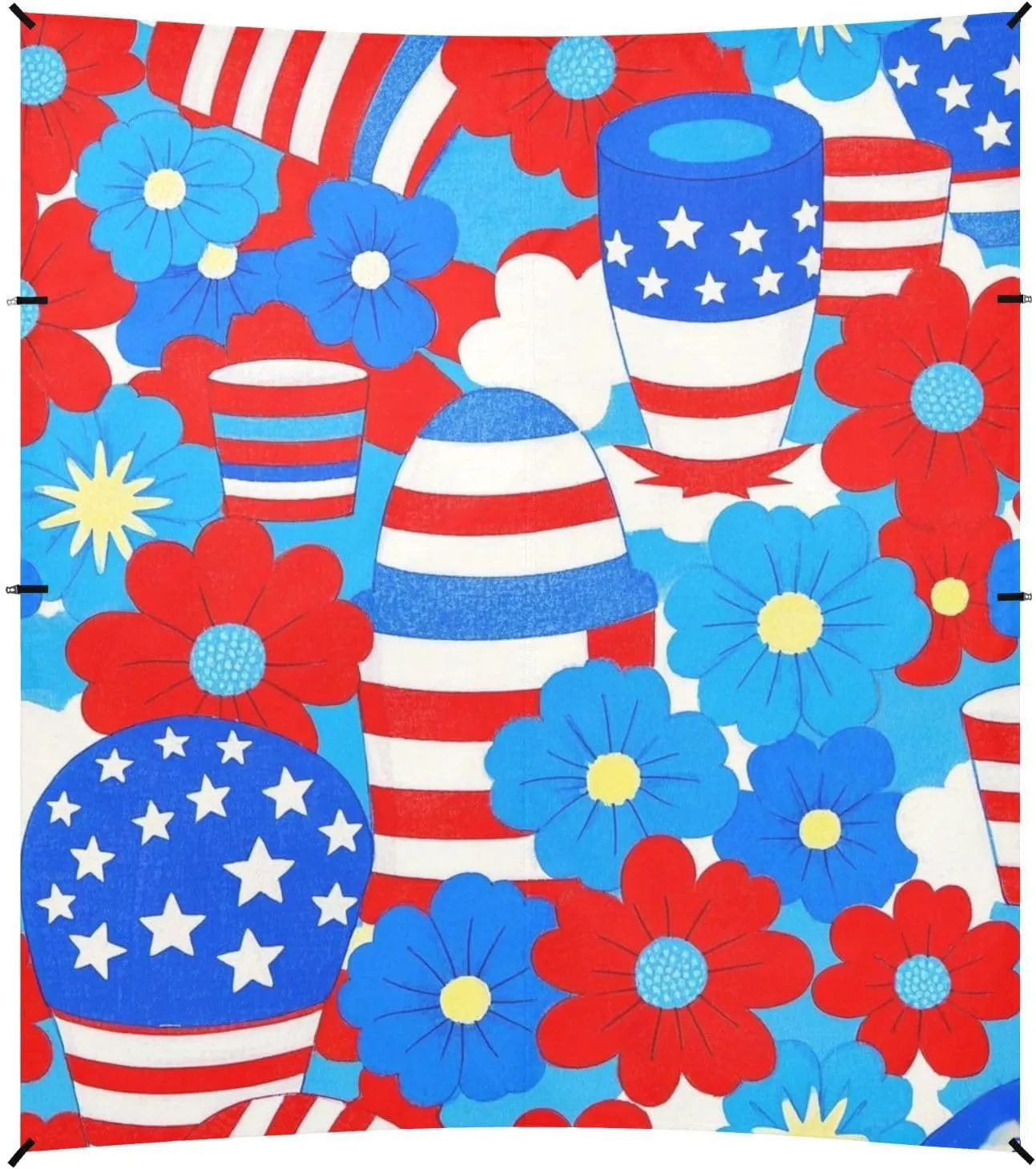 4th of July Independence Day Red and Blue Flowers Foldable Beach Tent UPF50  Water-Resistant Large Sun Shade with Sandbags, Sand Shovel, Poles for Camping Trips, Fishing, Backyard Fun or Picnics