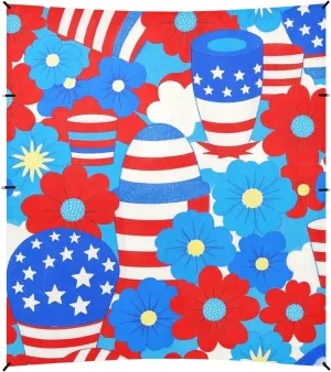 4th of July Independence Day Red and Blue Flowers Foldable Beach Tent UPF50  Water-Resistant Large Sun Shade with Sandbags, Sand Shovel, Poles for Camping Trips, Fishing, Backyard Fun or Picnics