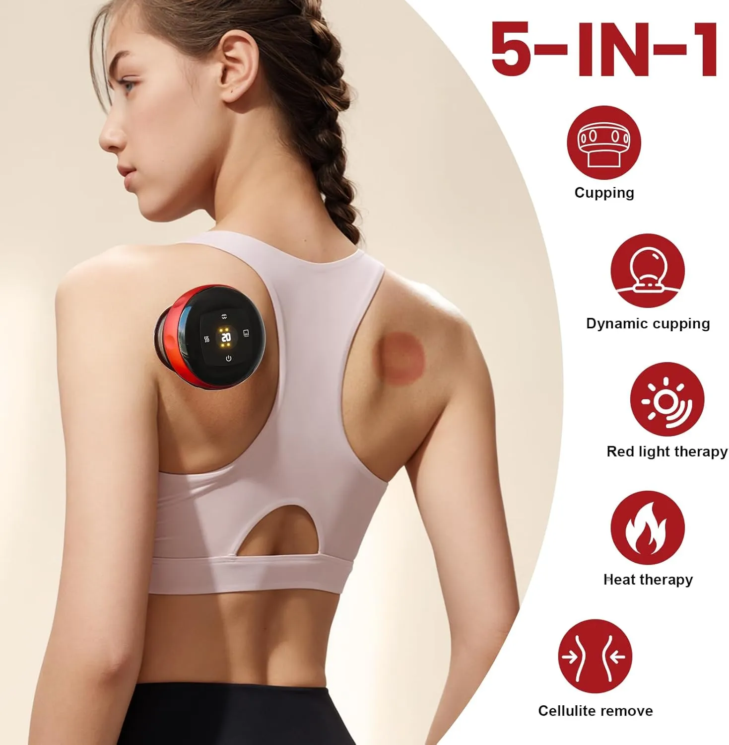 5-in-1 Smart Dynamic Cupping Therapy Set with 20 Level Temperature and Suction, Cupping Kit for Massage Therapy, Electric Cupping Device with Red Light for Back Muscle Soreness (Red)