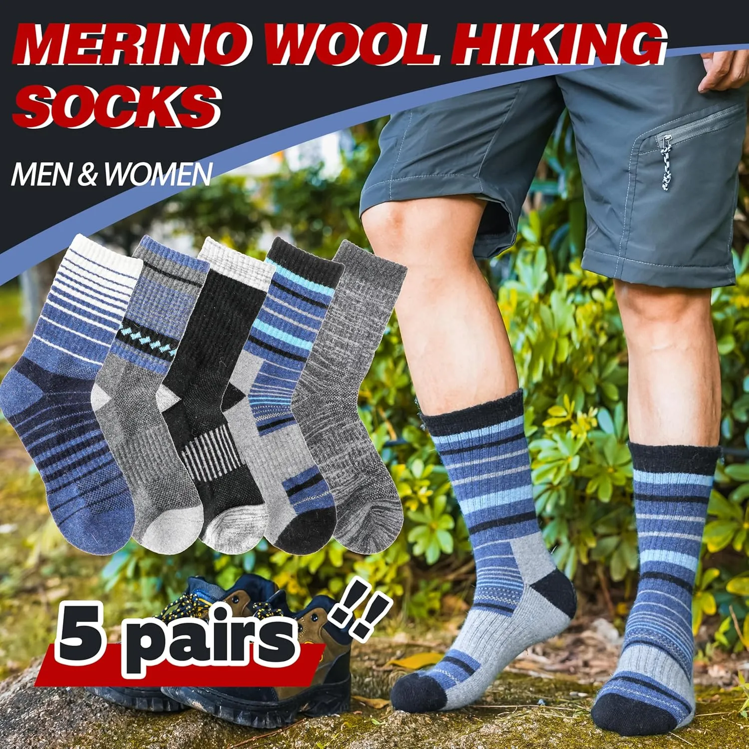 5 Pairs Merino Wool Hiking Socks Thermal Winter Warm Moisture Wicking Cushion Outdoor Socks for Women & Men