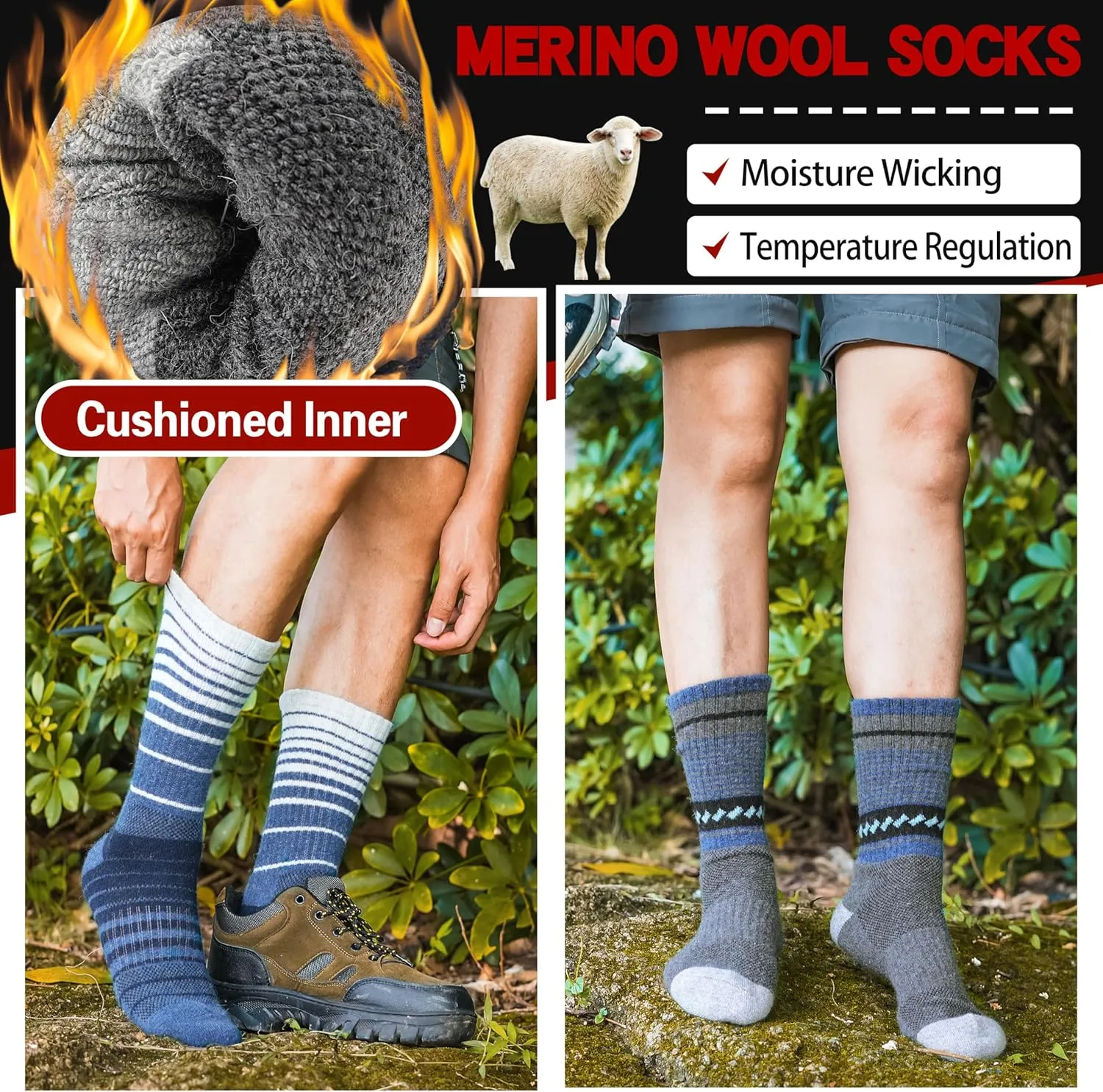 5 Pairs Merino Wool Hiking Socks Thermal Winter Warm Moisture Wicking Cushion Outdoor Socks for Women & Men