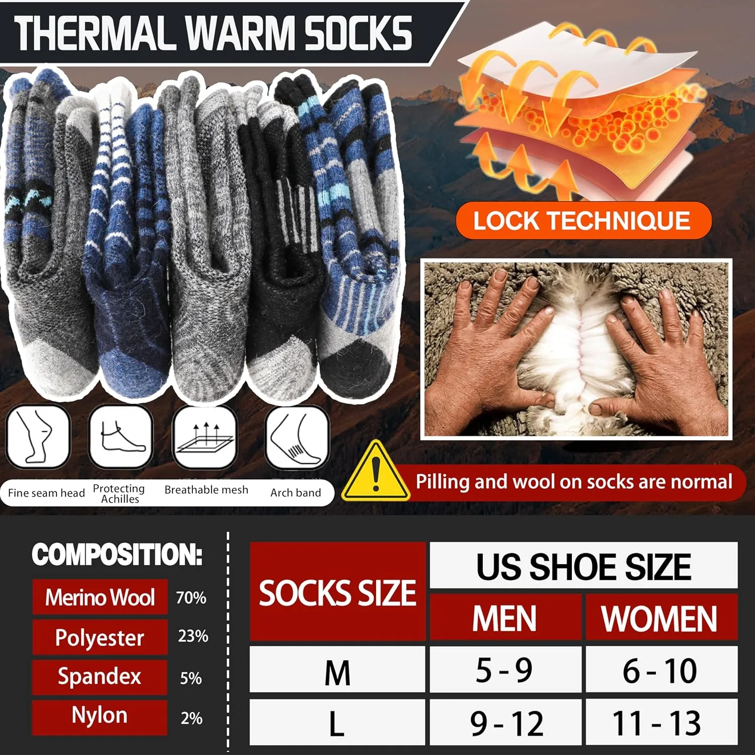 5 Pairs Merino Wool Hiking Socks Thermal Winter Warm Moisture Wicking Cushion Outdoor Socks for Women & Men