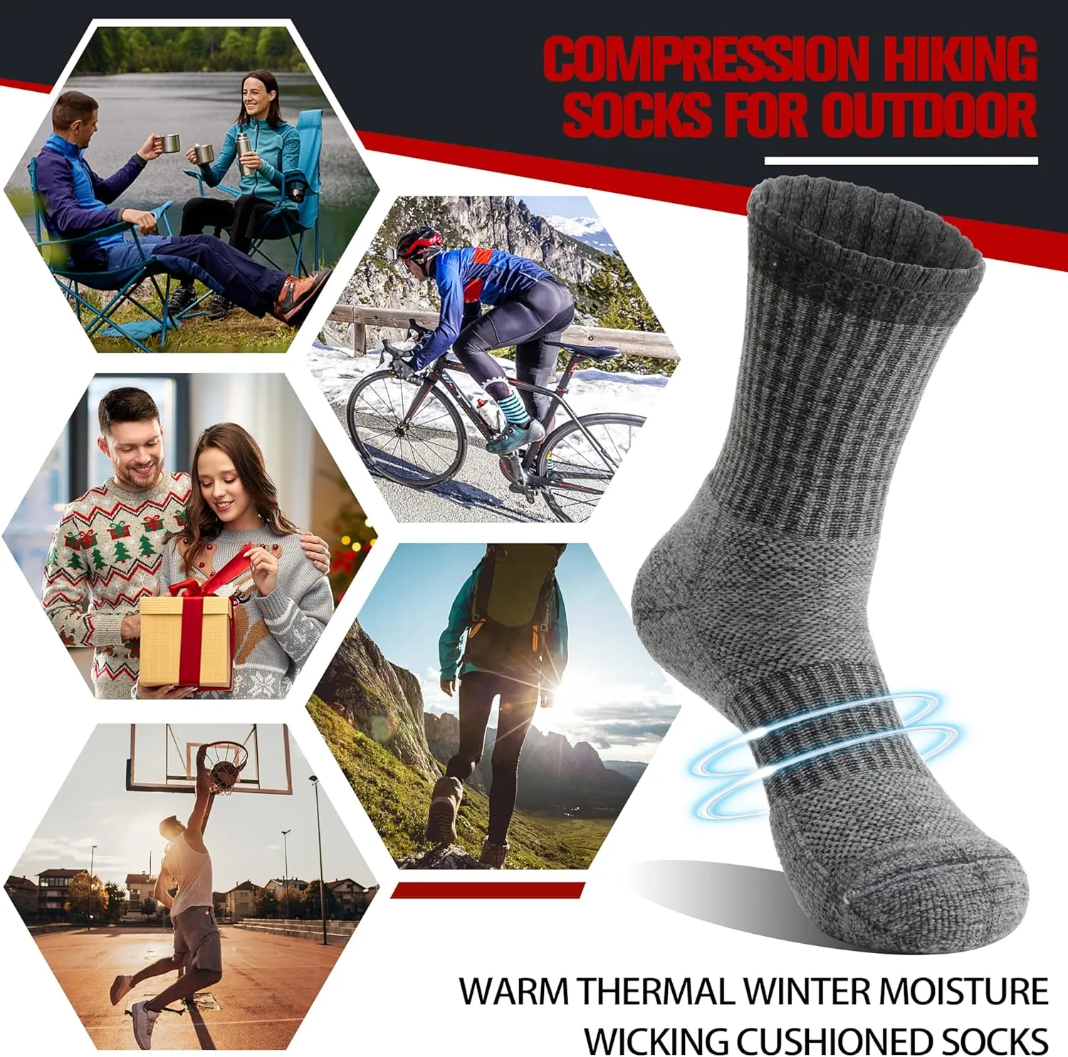 5 Pairs Merino Wool Hiking Socks Thermal Winter Warm Moisture Wicking Cushion Outdoor Socks for Women & Men