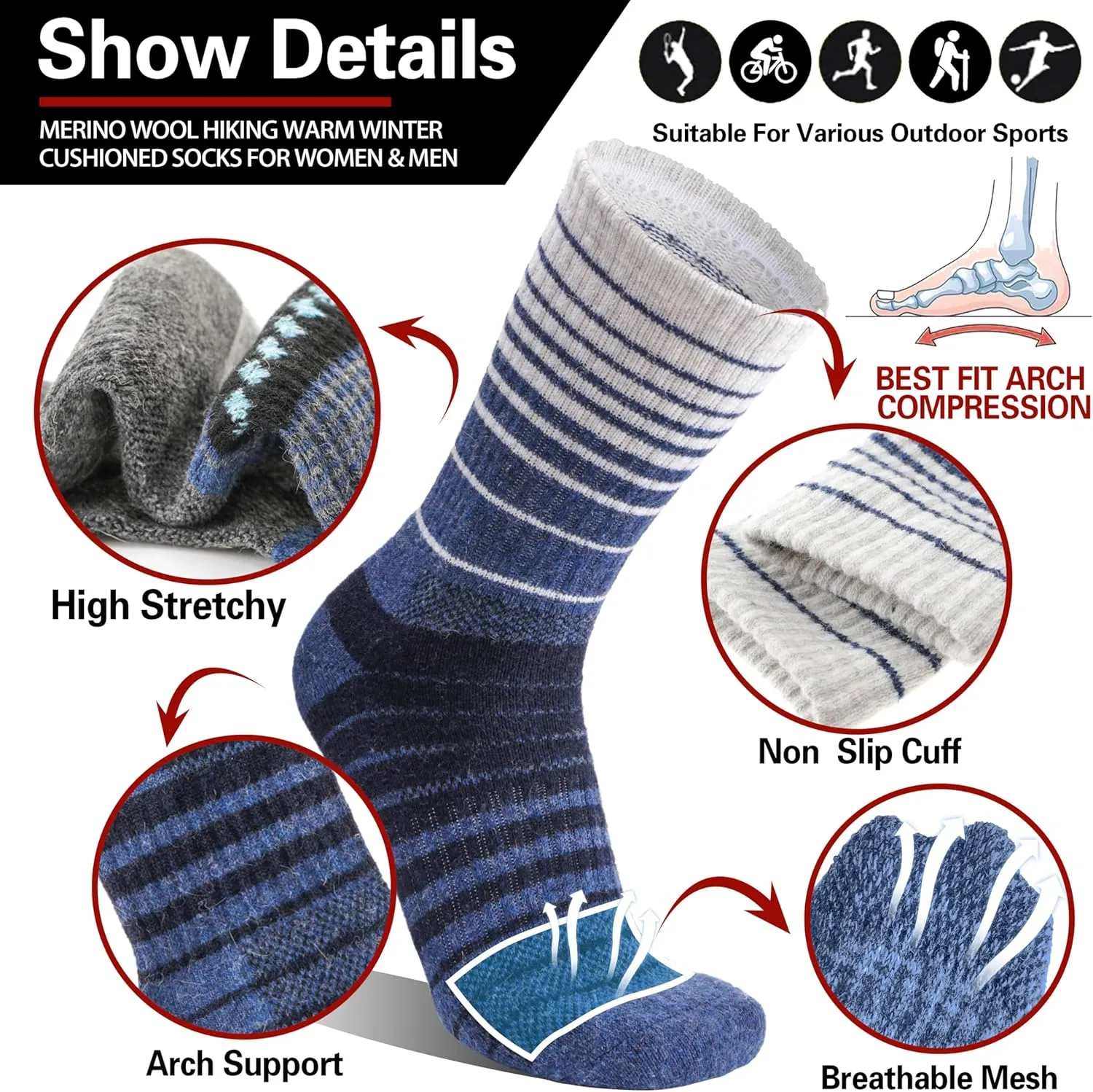 5 Pairs Merino Wool Hiking Socks Thermal Winter Warm Moisture Wicking Cushion Outdoor Socks for Women & Men