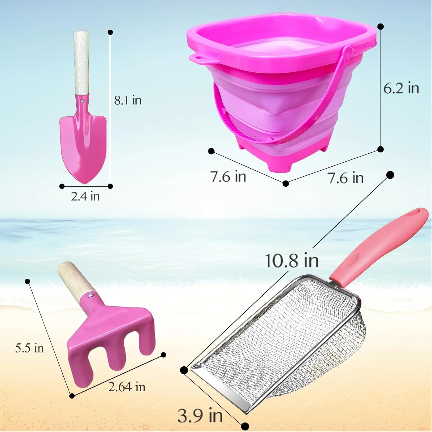 5 Pcs Sand Toys Beach Set Include 1 Foldable Beach Bucket,2 Metal Shovels & 1 Sand Sifter with 1 Mesh Beach Bag for Shells Collecting