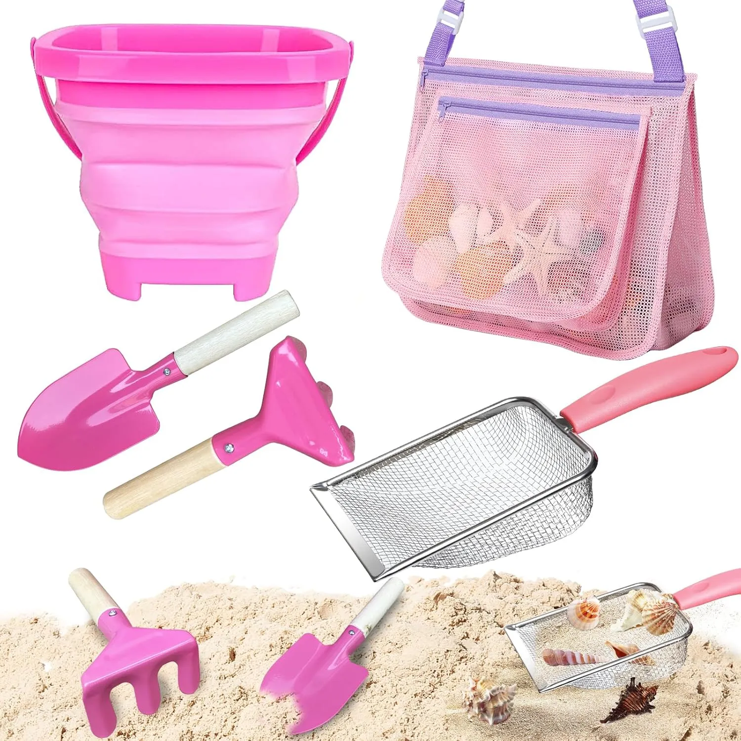 5 Pcs Sand Toys Beach Set Include 1 Foldable Beach Bucket,2 Metal Shovels & 1 Sand Sifter with 1 Mesh Beach Bag for Shells Collecting