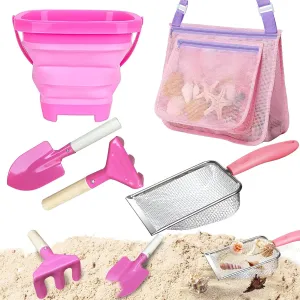 5 Pcs Sand Toys Beach Set Include 1 Foldable Beach Bucket,2 Metal Shovels & 1 Sand Sifter with 1 Mesh Beach Bag for Shells Collecting