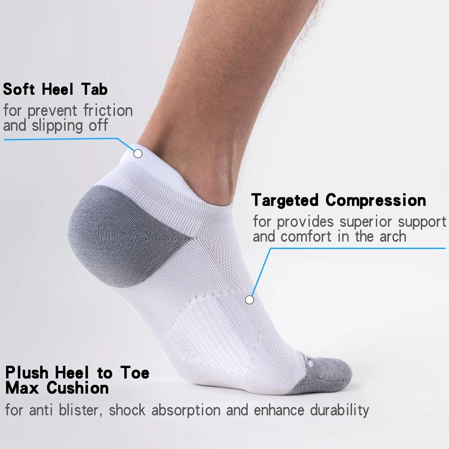 6 Pairs Cushioned Ankle Socks with Heel Tab - Compression Low Cut Athletic Running Socks, Anti-Blister, Seamless Toe