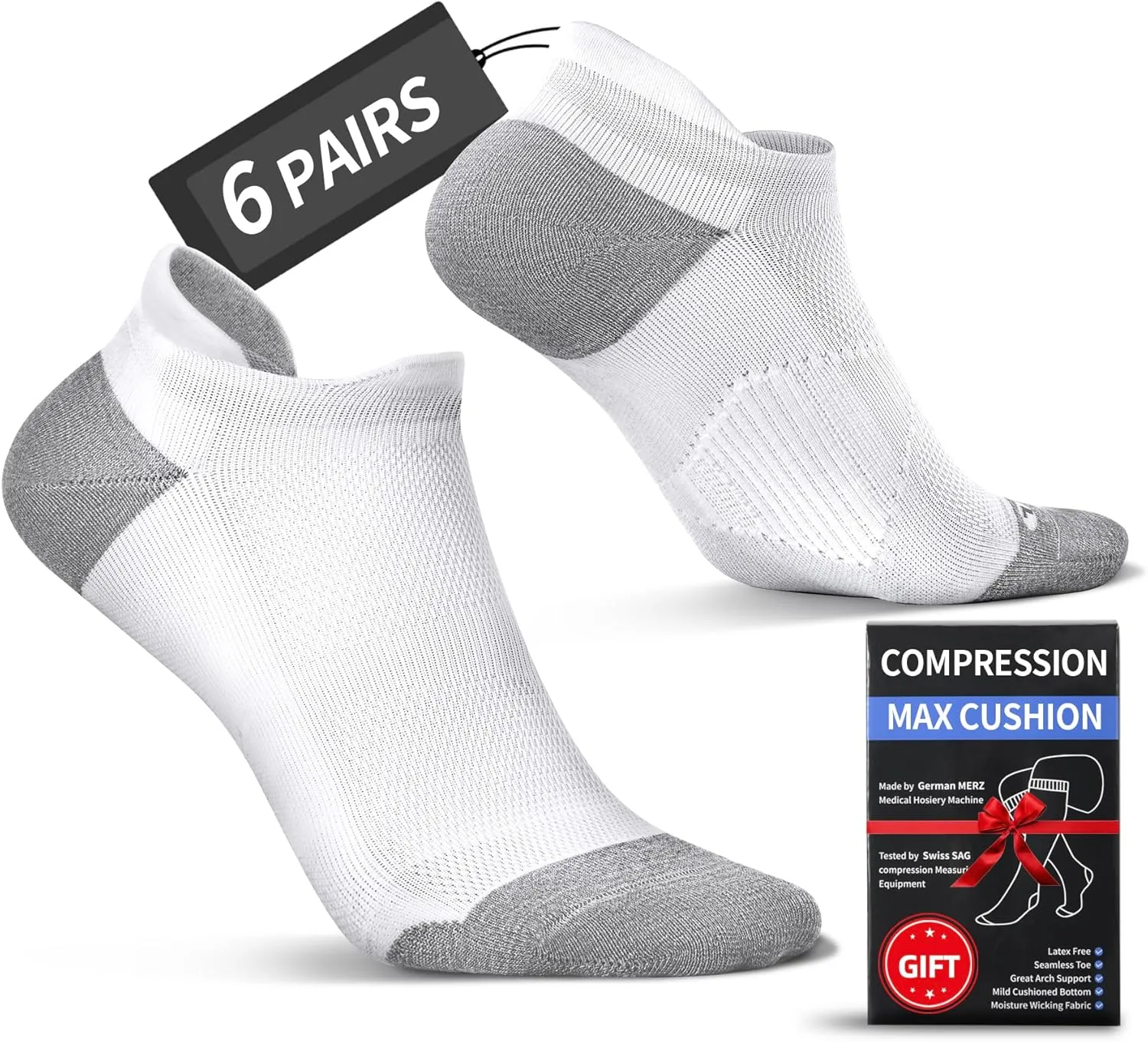 6 Pairs Cushioned Ankle Socks with Heel Tab - Compression Low Cut Athletic Running Socks, Anti-Blister, Seamless Toe