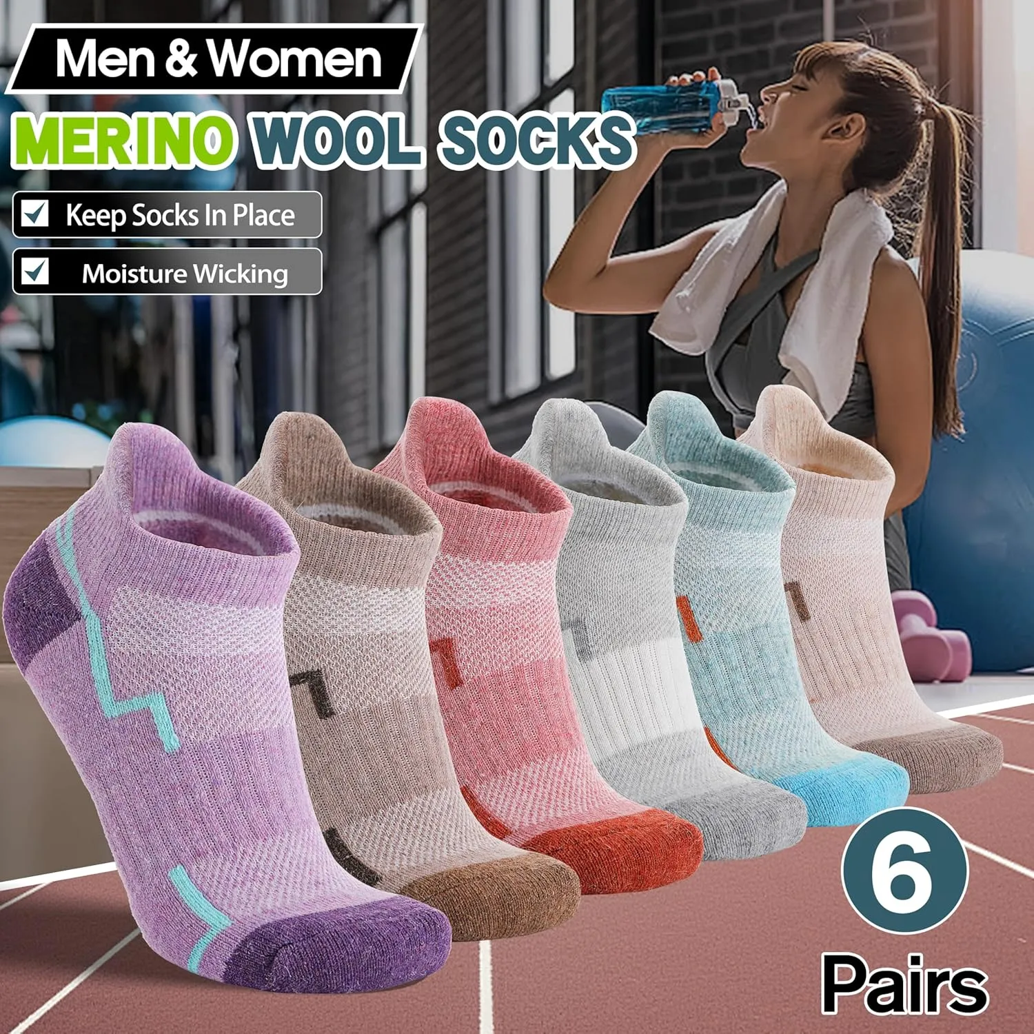 6 Pairs Merino Wool Ankle Hiking Running Socks Compression Support Thick Athletic Low Cut Socks for Women Men