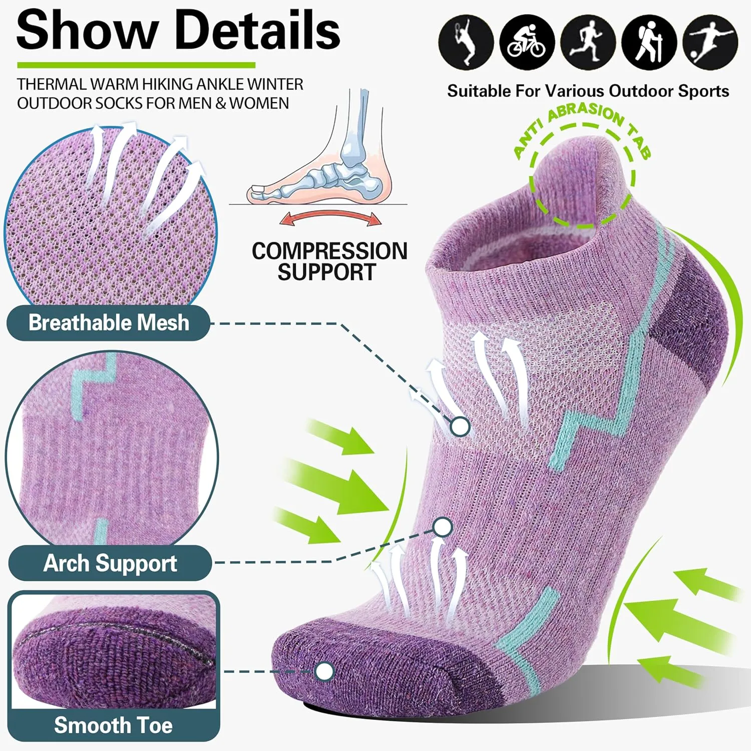 6 Pairs Merino Wool Ankle Hiking Running Socks Compression Support Thick Athletic Low Cut Socks for Women Men