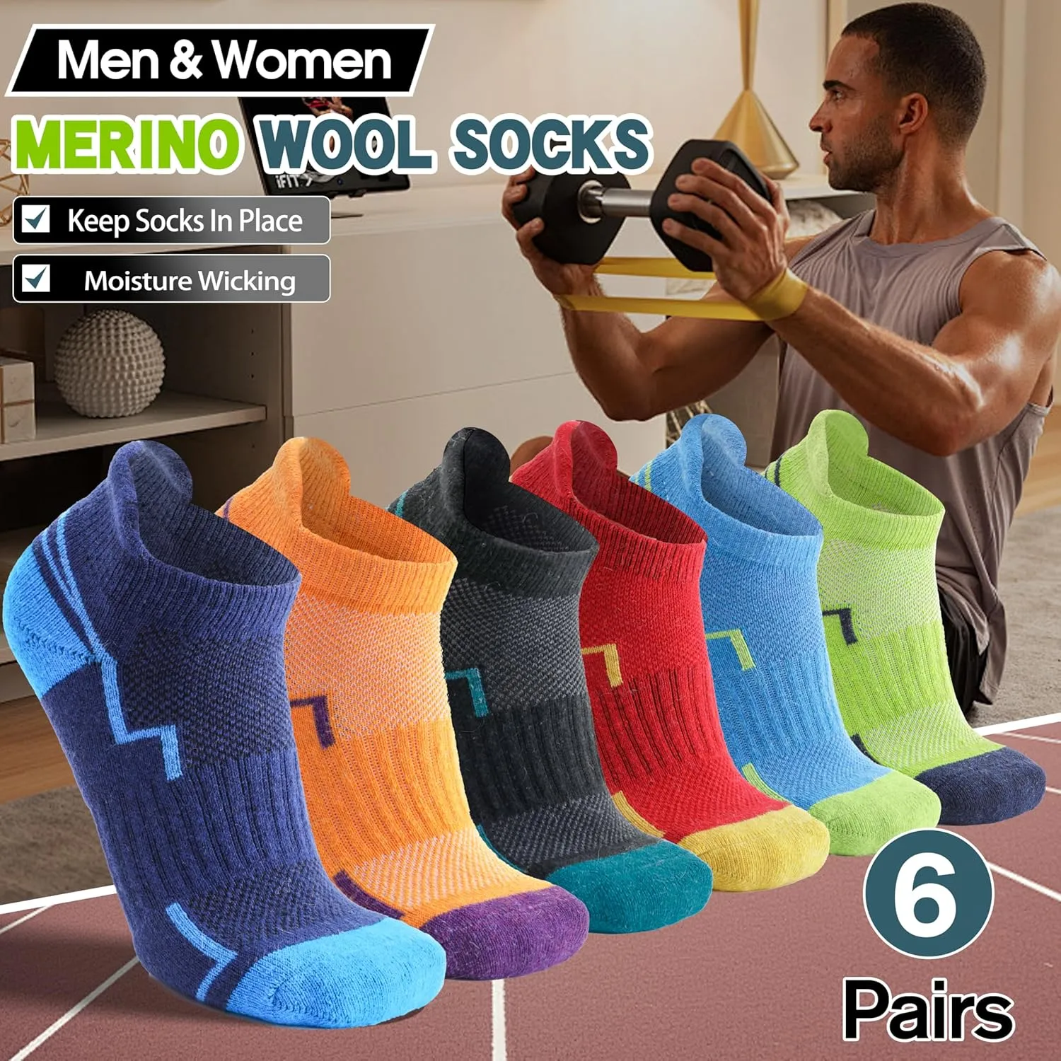 6 Pairs Merino Wool Ankle Hiking Running Socks Compression Support Thick Athletic Low Cut Socks for Women Men