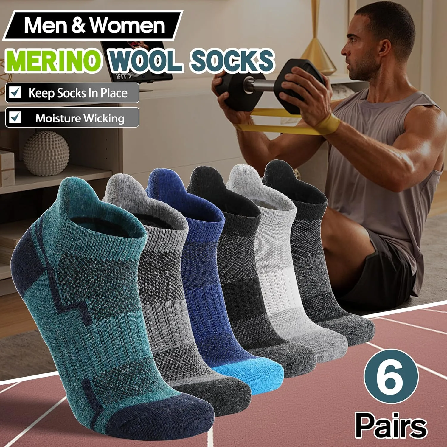 6 Pairs Merino Wool Ankle Hiking Running Socks Compression Support Thick Athletic Low Cut Socks for Women Men