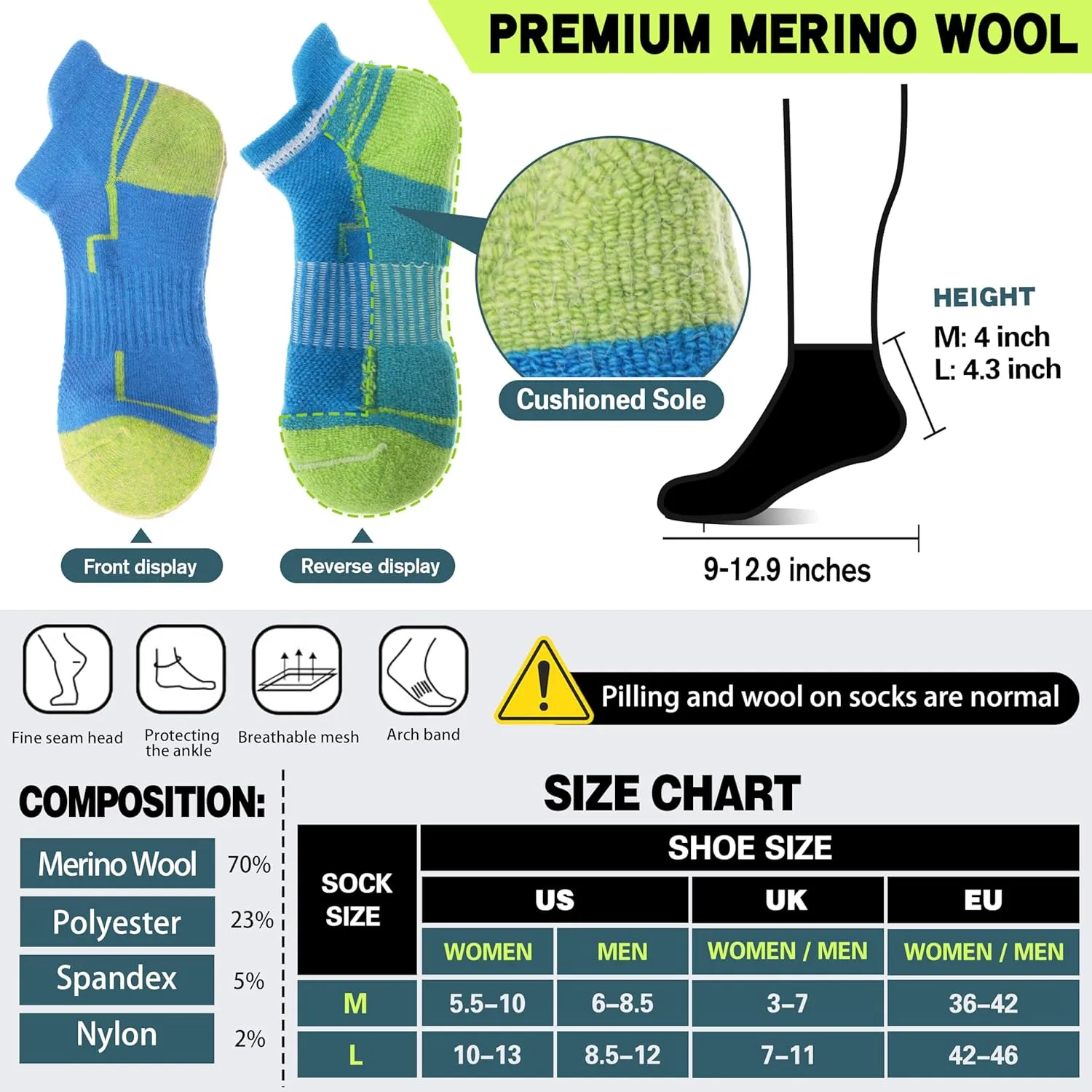 6 Pairs Merino Wool Ankle Hiking Running Socks Compression Support Thick Athletic Low Cut Socks for Women Men