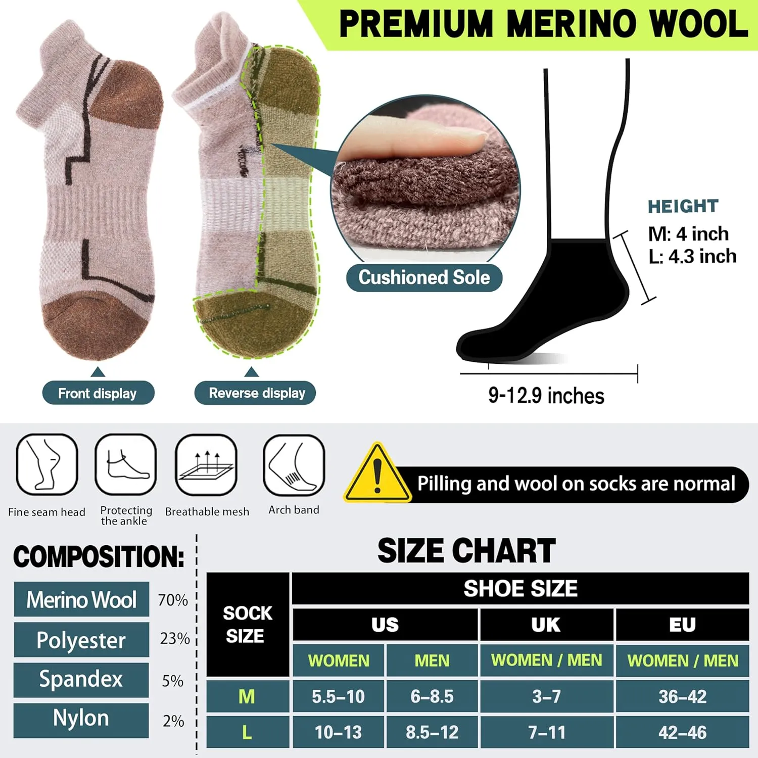 6 Pairs Merino Wool Ankle Hiking Running Socks Compression Support Thick Athletic Low Cut Socks for Women Men