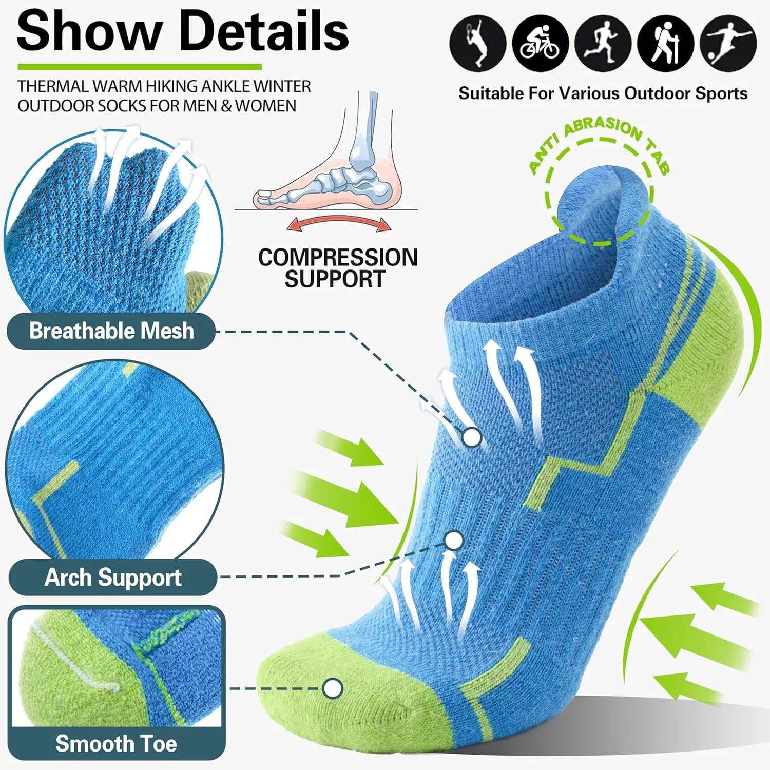 6 Pairs Merino Wool Ankle Hiking Running Socks Compression Support Thick Athletic Low Cut Socks for Women Men