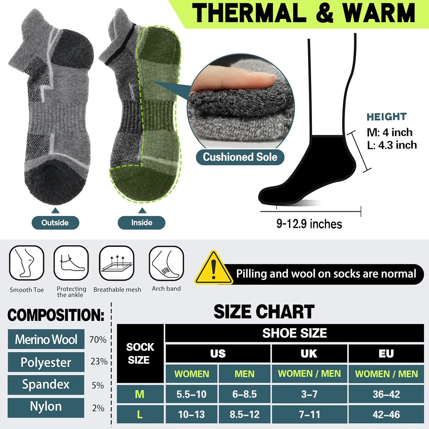 6 Pairs Merino Wool Ankle Hiking Running Socks Compression Support Thick Athletic Low Cut Socks for Women Men