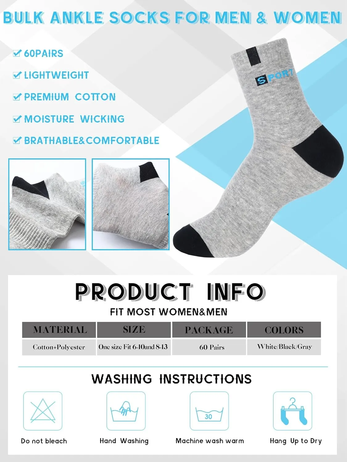 60 Pairs Mens Socks Bulk Homeless Thermal Winter Moisture Wicking Sports Ankle Sock for Men Unisex